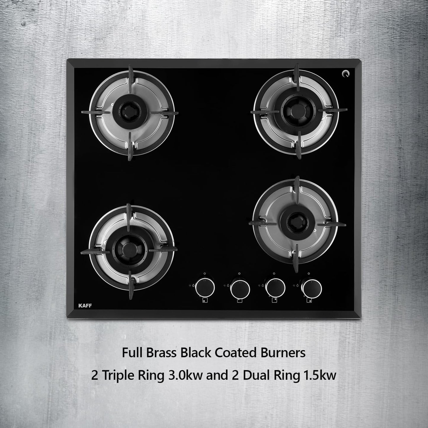 KAFF 4 Burners Built-in Hob & Hobtop For Modular Kitchen -8 MM |Auto Electric Ignition Glass Top| Powerful Brass Burners| Enamelled Matt Finish, Easy Metal Grip Knobs, (Black,60CM)
