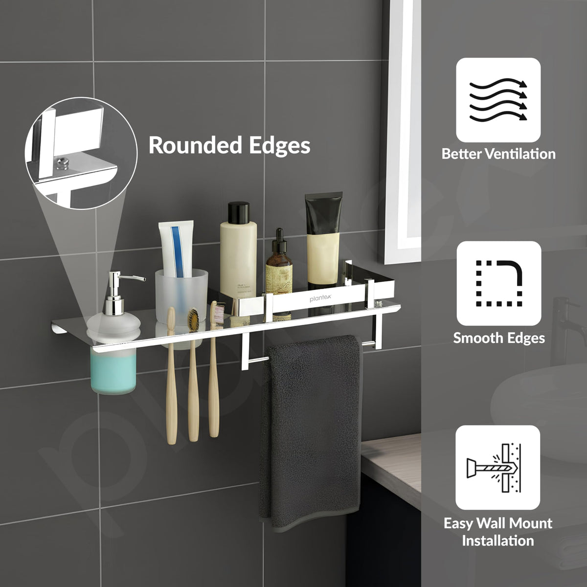 Plantex Stainless Steel 4in1 Multipurpose Bathroom Shelf/Bathroom Steel Rack with Tumbler Holder, Towel Rod and Liquid Soap Dispenser Chrome (18x5 inches)-5
