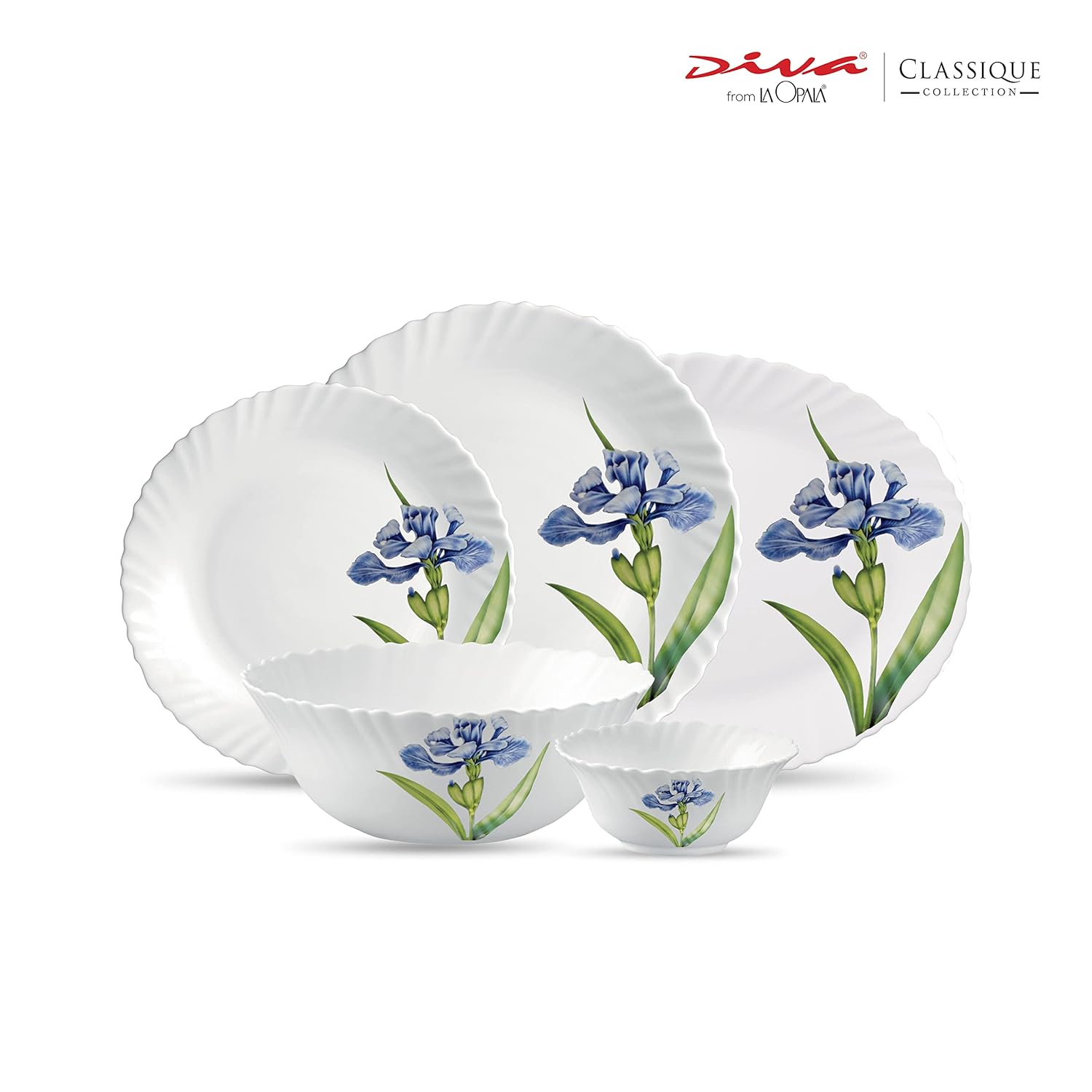 La Opala Diva Classique Collection Opal Glass Crockery | for Family of 6 | Dinner Set 21 pcs Royal Iris | Plates & Bowls for Dining | Microwave Safe | 100% Vegetarian | Extra Strong | White