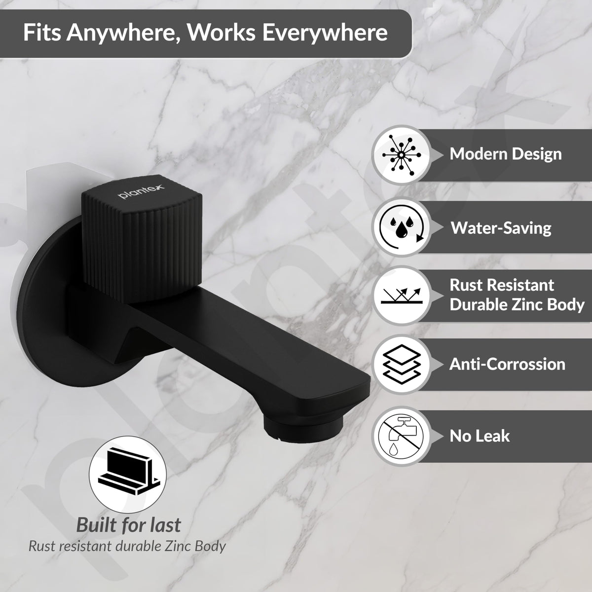 Plantex Single Knob Long Body Bib Tap for Bathroom with Water Saving Aerator/Tap for Wash Basin with Brass Spindle/Wall Mount Bib Tap with Wall Flange and Teflon Tape (Black)-2