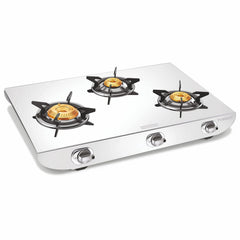 Vidiem Tusker Pulse Stainless Steel 3 Burner Gas Stove with Brass Burners, Auto Ignition Gas Stove, High Gloss Finish, L