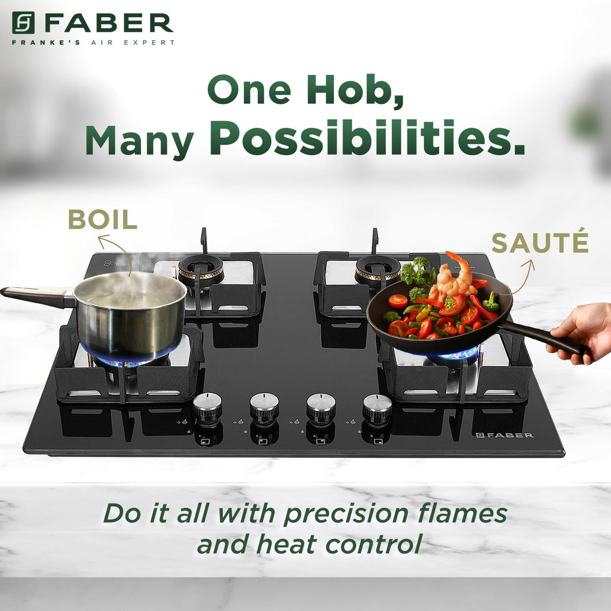Faber 4 Burner HCT 65 cm Hob| Brass Burners| Bakelite Knobs| Cast Iron Pan Support | Hob/Cooktop Hybrid Toughened Glass 