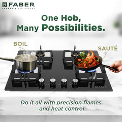Faber 4 Burner HCT 65 cm Hob| Brass Burners| Bakelite Knobs| Cast Iron Pan Support | Hob/Cooktop Hybrid Toughened Glass 