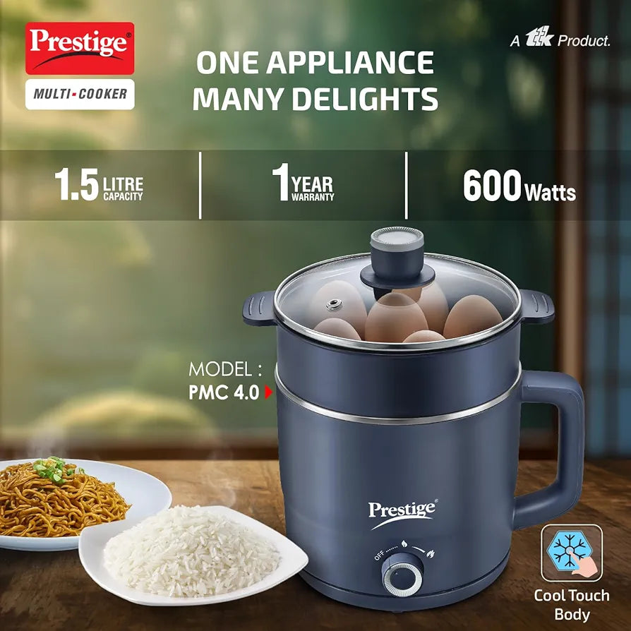 Prestige Multi-Cooker 1.5 Litre with Steamer and Egg Rack | Precise Temperature Control| Elegant Glass Lid| Concealed Element| 360 Degree Swivel| Cool Touch Handle| PMC 4.0