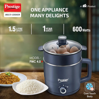 Prestige Multi-Cooker 1.5 Litre with Steamer and Egg Rack | Precise Temperature Control| Elegant Glass Lid| Concealed Element| 360 Degree Swivel| Cool Touch Handle| PMC 4.0