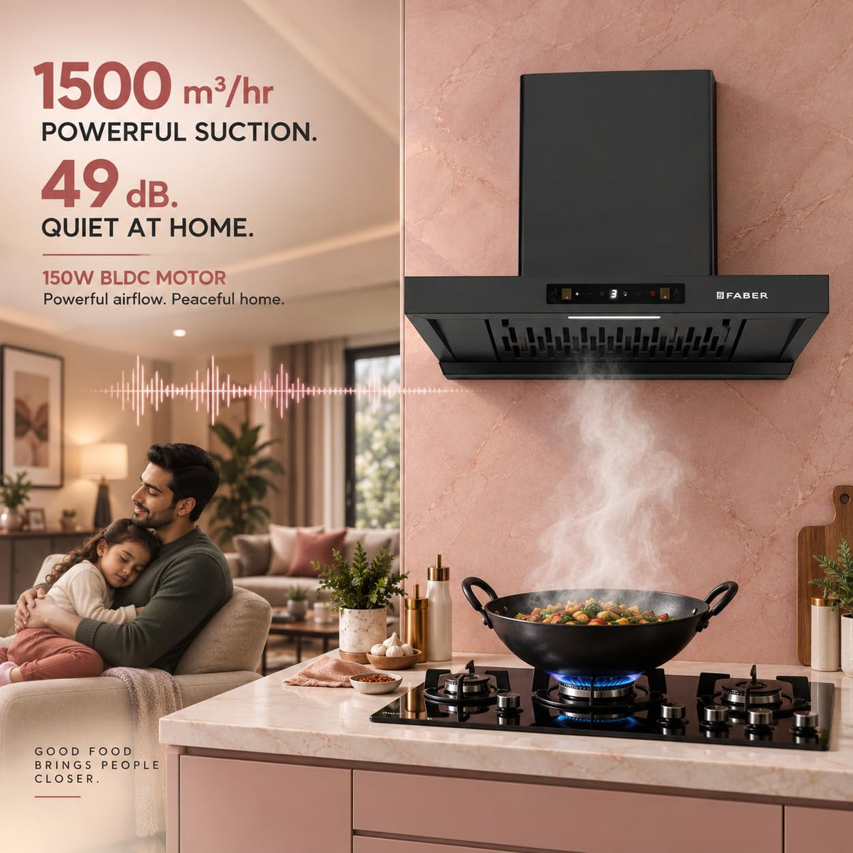 Faber Coral 75cm 1500m³/hr BLDC Autoclean T-Shape Chimney | Built In Oil Collector | Touch & Gesture Control | 12Yr Moto