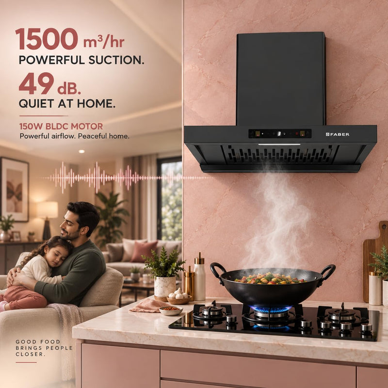 Faber Coral 75cm 1500m³/hr BLDC Autoclean T-Shape Chimney | Built In Oil Collector | Touch & Gesture Control | 12Yr Moto