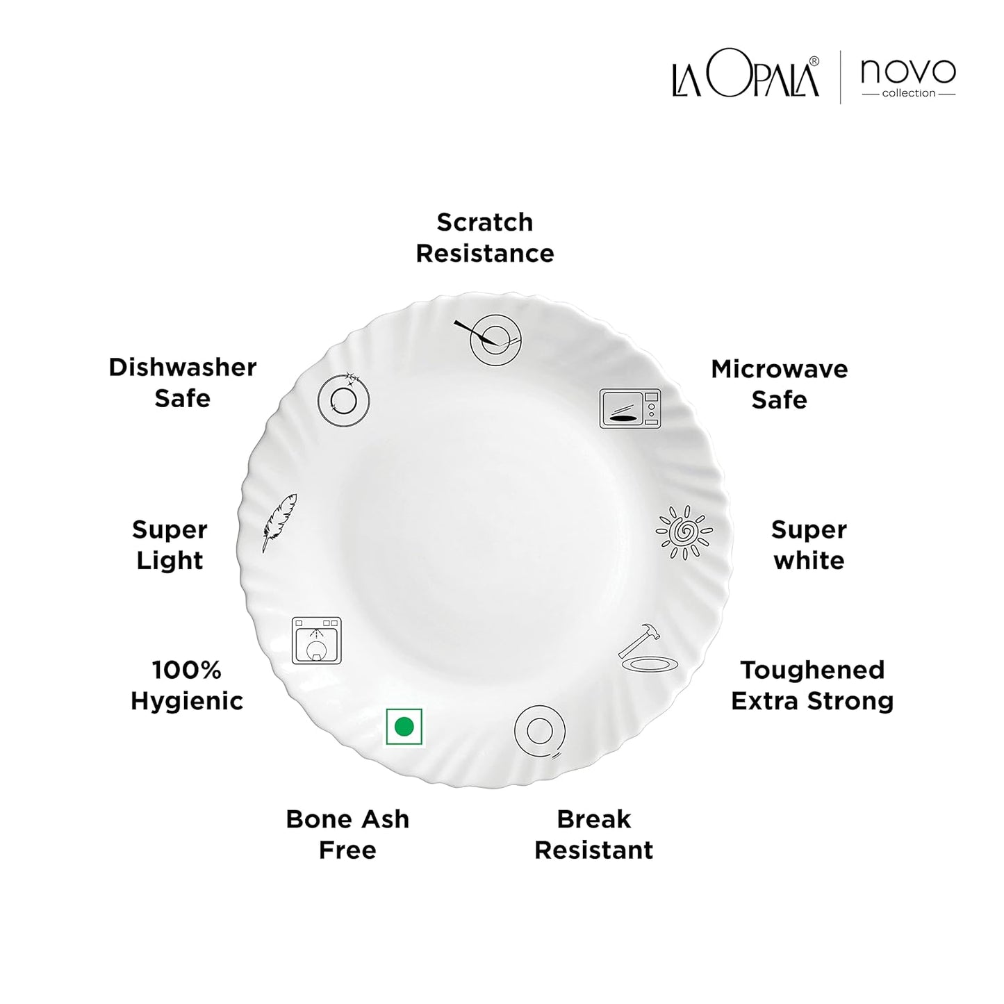 La Opala Novo Collection Opal Glass Crockery | Quarter Plate Set of 6 | Tender Trio Design | Plates for Snacking & Gifting | Microwave Safe | 100% Vegetarian | Extra Strong | Super Light & White