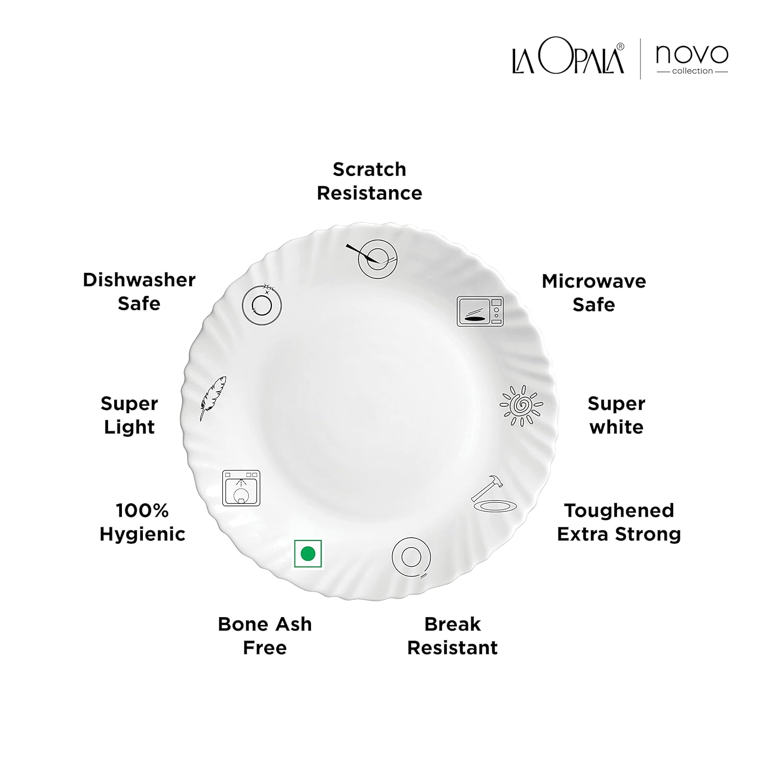 La Opala Novo Collection Opal Glass Crockery | for Family of 6 | Dinner Set 20 pcs Blissful Green | Plates & Bowls for Dining | Microwave Safe | 100% Vegetarian | Extra Strong | Light & White