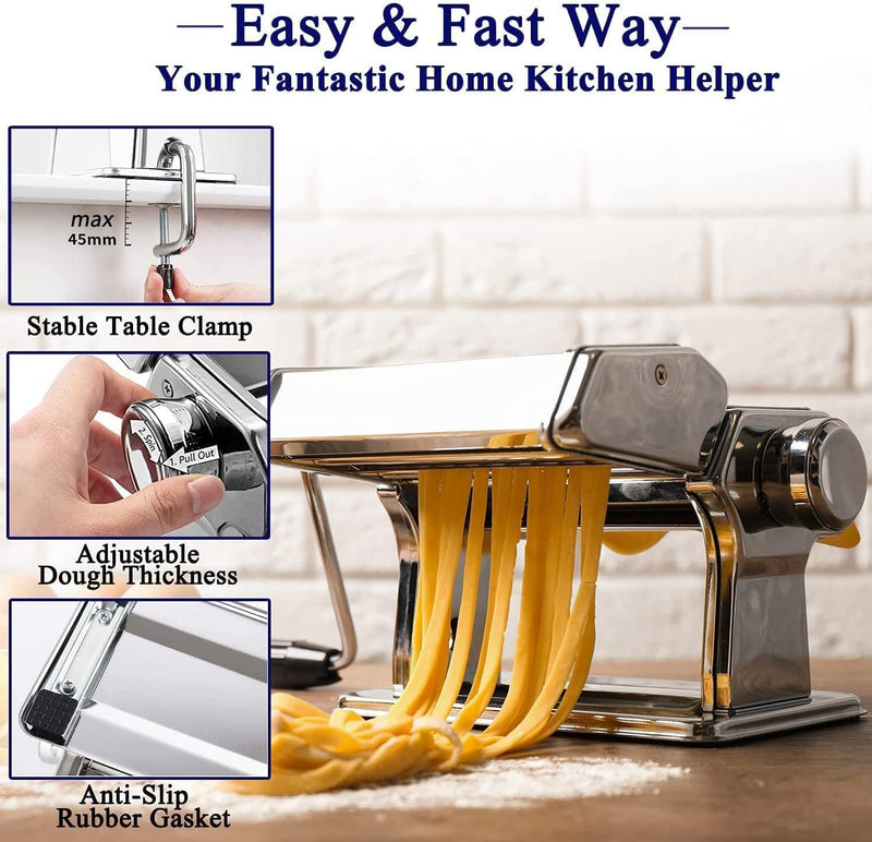 Pasta Maker, 150 Roller Pasta Machine, 7 Adjustable Thickness Settings Noodles Roller with 2-in-1 Noodles Maker with Rollers and Cutter, Perfect for Spaghetti,Fettuccini, Lasagna or Dumpling Skins (smooth silver)