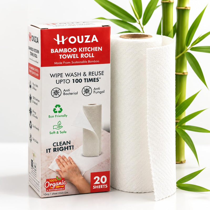 HOUZA Reusable Kitchen Towel Roll | Eco-Friendly Bamboo Kitchen Cleaning Wipes | Soft & Highly Absorbent | Paper Towel & Dishcloth Alternative | 2000 Times Hand Washable | 20 Sheets