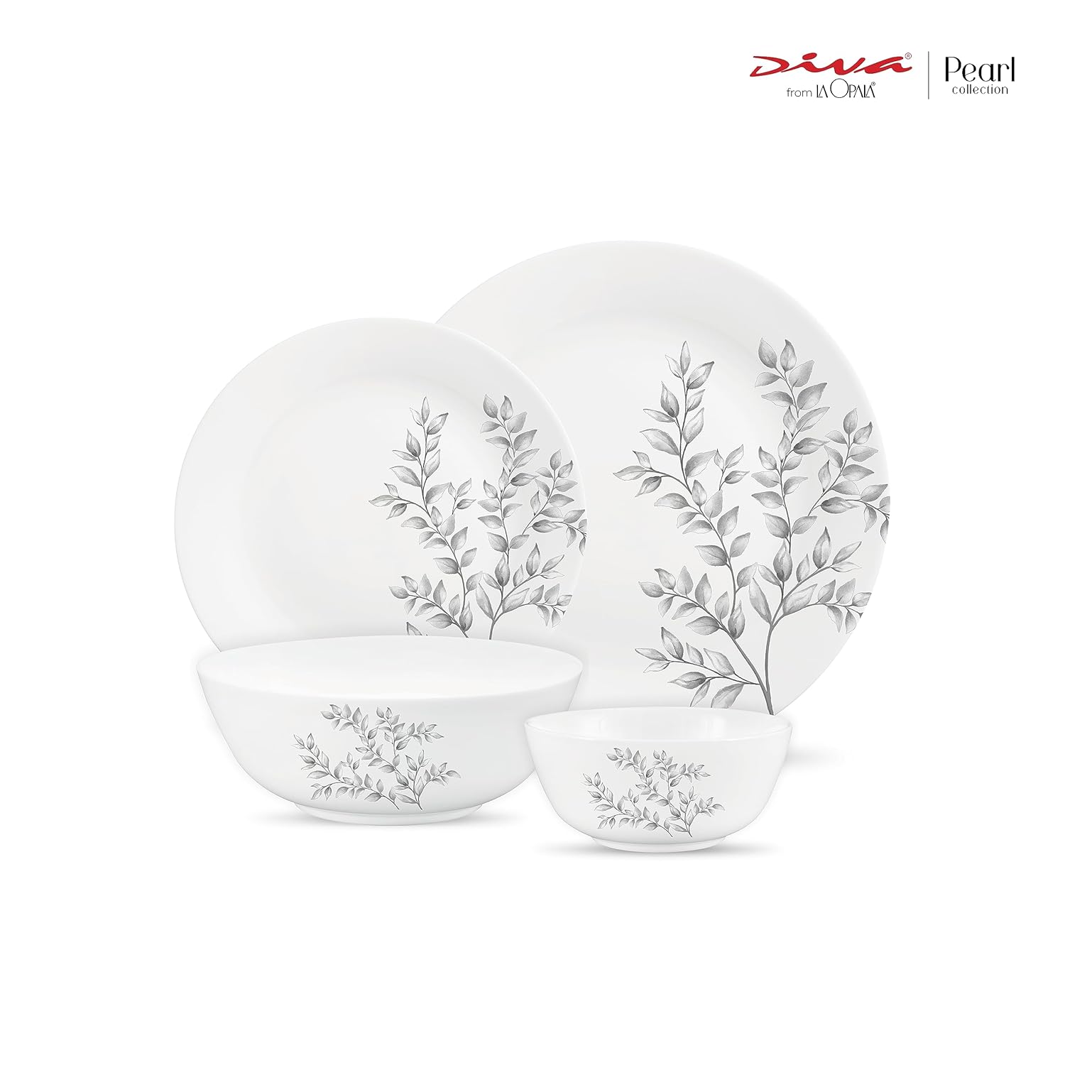 Diva by La Opala, Pearl Collection, Opal Glass Dinner Set 20 pcs, Dusky Vines, White