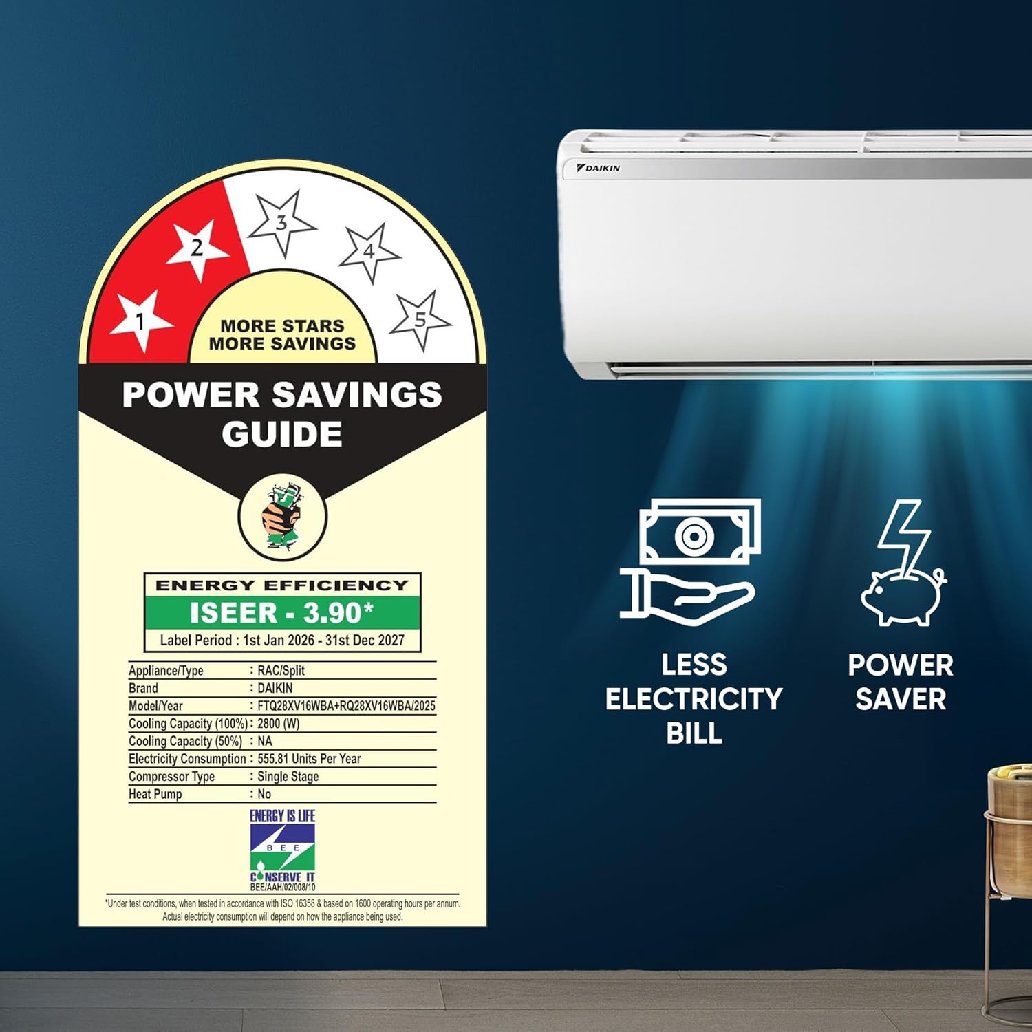 Daikin 0.8 Ton 2 Star, New Star rated,Fixed Speed Split AC (Copper, PM2.5 Filter, FTQ28XV16, White)