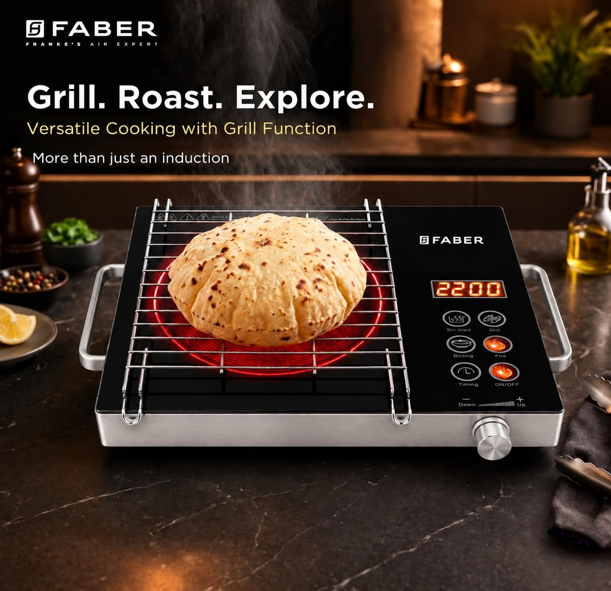 Faber 2200W Infrared Cooktop Stove| High Gloss Glass Finish| Digital Display| 4 Preset Cooking Modes| Touch Control| SS 