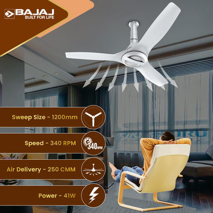 Bajaj Arioso Luxe 1200MM (48") BLDC Ceiling Fans For Home | BEE 5 Stars Rated Energy Efficient | Aerodynamically Designed Blades | Adjustable Canopy | RF Remote | 2-Yr Warranty 【White & Silve】