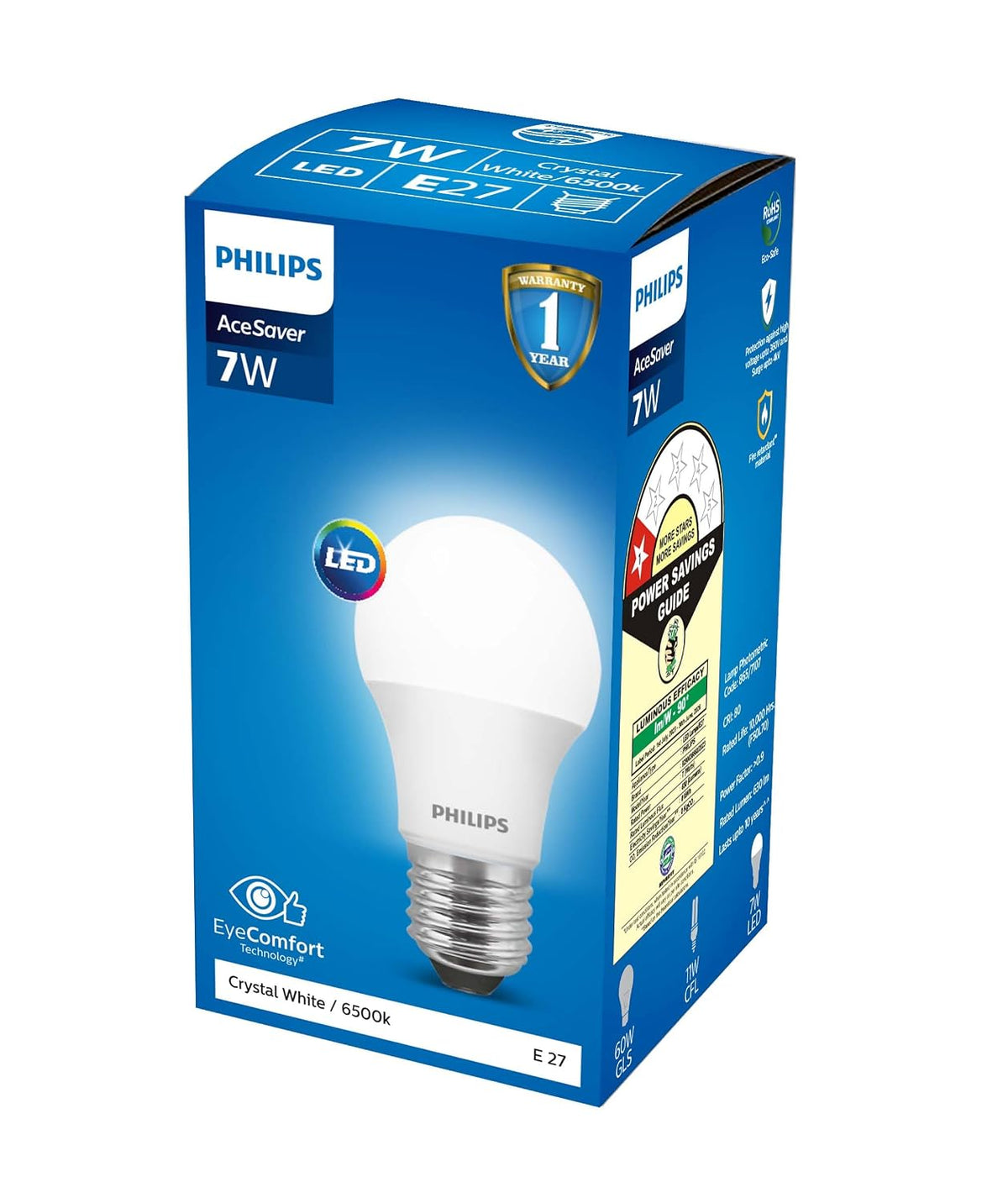 Philips Base E27 7-Watt LED bulb (Crystal White,Pack of 3)