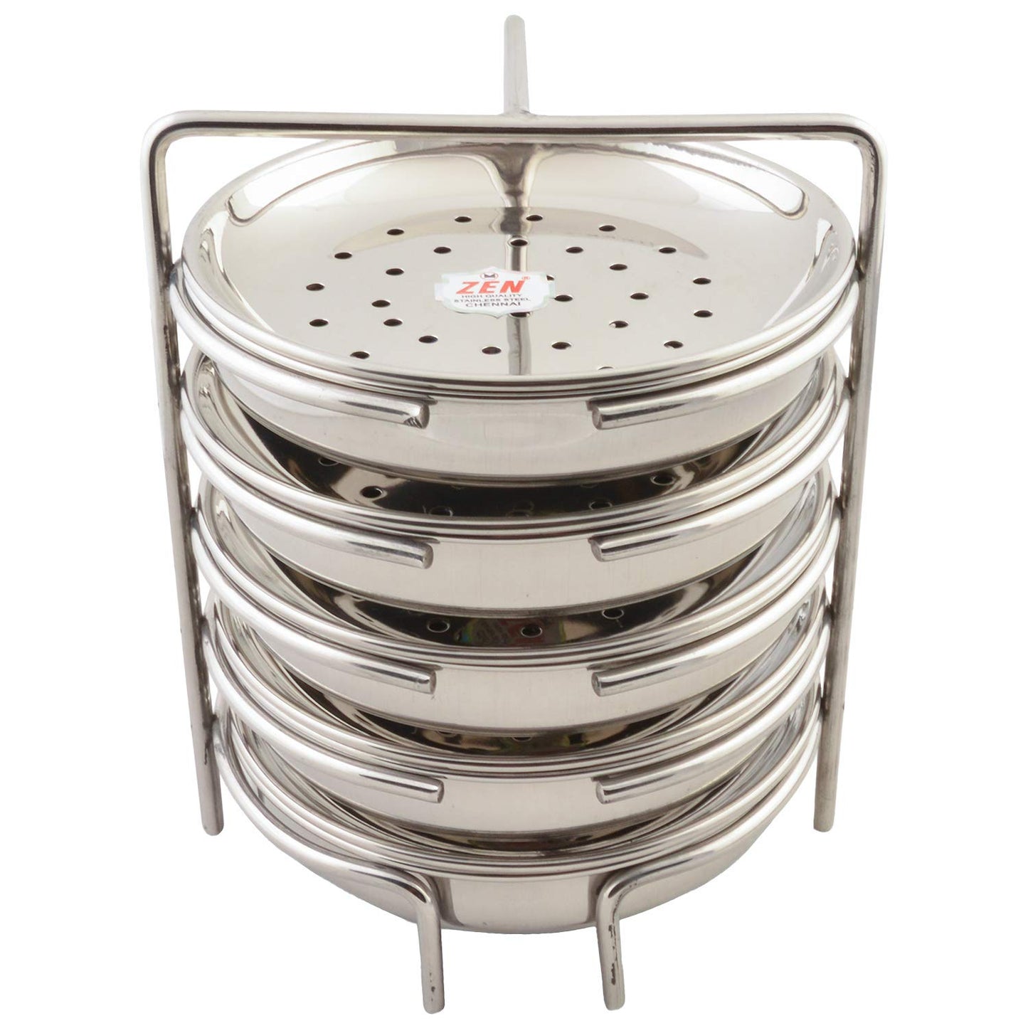 JAIN Stainless Steel 2in1 Thatte Idly Stand | Dhokla Maker & Idiappam Stand - 8 Plates Thatte Idli Plate & Momos Steamer Stand (4 Thattu Idly Plates, 4 Idiappam Plates, 1 Stand) - Silver