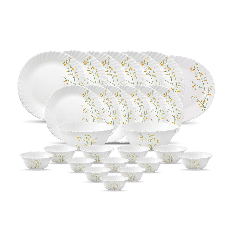 La Opala Diva Classique Collection Opal Glass Crockery | for Family of 6 | Dinner Set 27 pcs Citron Weave | Plates & Bowls for Dining | Microwave Safe | 100% Vegetarian | Extra Strong | White