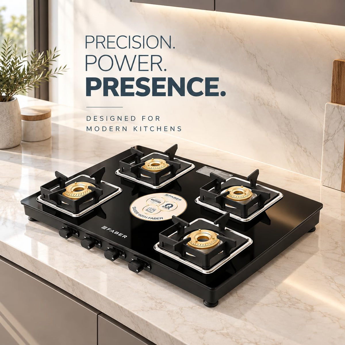 Faber Remo 4 Burner Gas Stove | 1 Jumbo + 1 Medium + 2 Small Brass Burners | Diamond Coated Pan Support | SS Drip Tray |