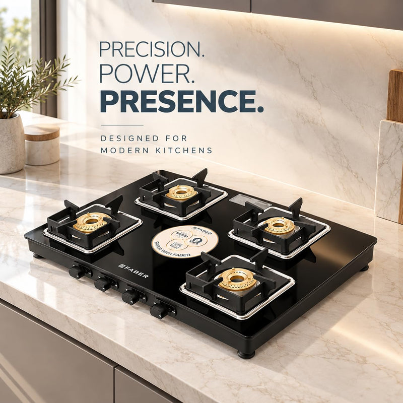 Faber Remo 4 Burner Gas Stove | 1 Jumbo + 1 Medium + 2 Small Brass Burners | Diamond Coated Pan Support | SS Drip Tray |