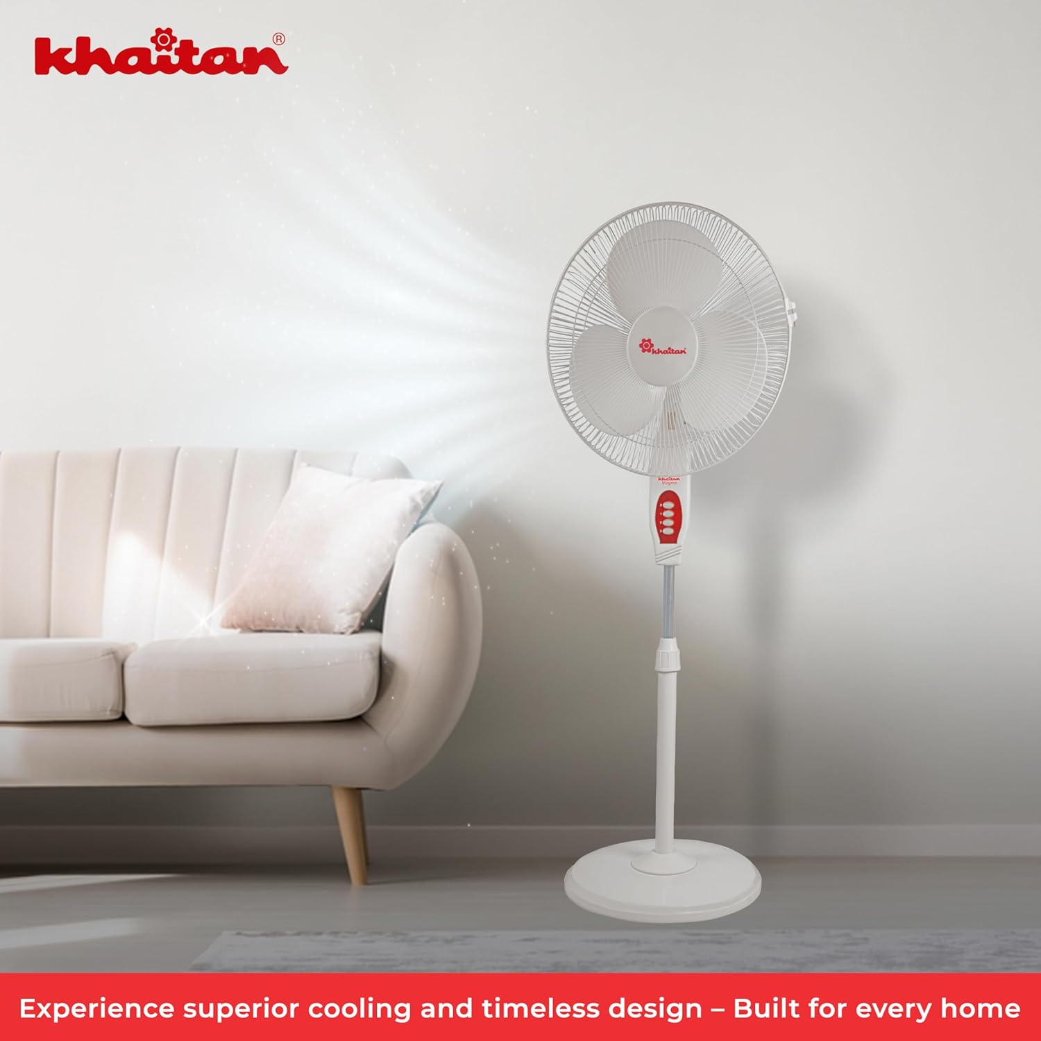 Khaitan Magma 400 MM 3-Blade Pedestal Fan | Adjustable Height | 3-Speed Control | Powder Coated Metal Grill | Telescopic Arrangement | 2-Yr Warranty | White