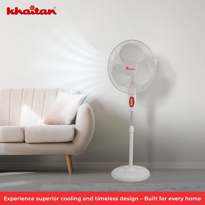 Khaitan Magma 400 MM 3-Blade Pedestal Fan | Adjustable Height | 3-Speed Control | Powder Coated Metal Grill | Telescopic Arrangement | 2-Yr Warranty | White