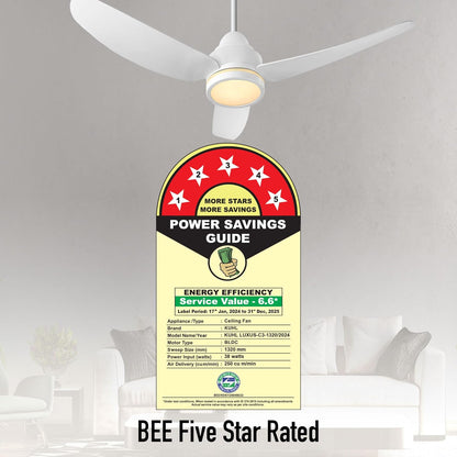 KUHL Luxus C3 1320 mm Stylish 65% Power Saving BLDC CeilingFan with Remote|Night & Down Light|29W|BEE 5 Rated & ISI Marked|Low Noise| IoT Operate via Mobile & Alexa|ReverseMode|FreeInstallation|White