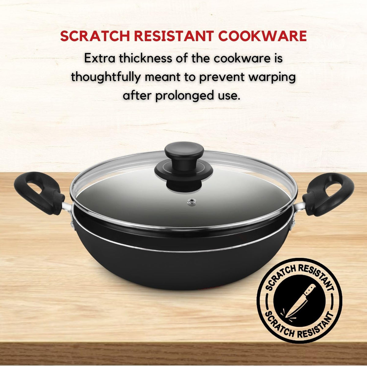 Pigeon Basics Induction Base Non Stick Aluminium Cookware Set, Including Flat Tawa, Kadai with Glass Lid, and Frying Pan