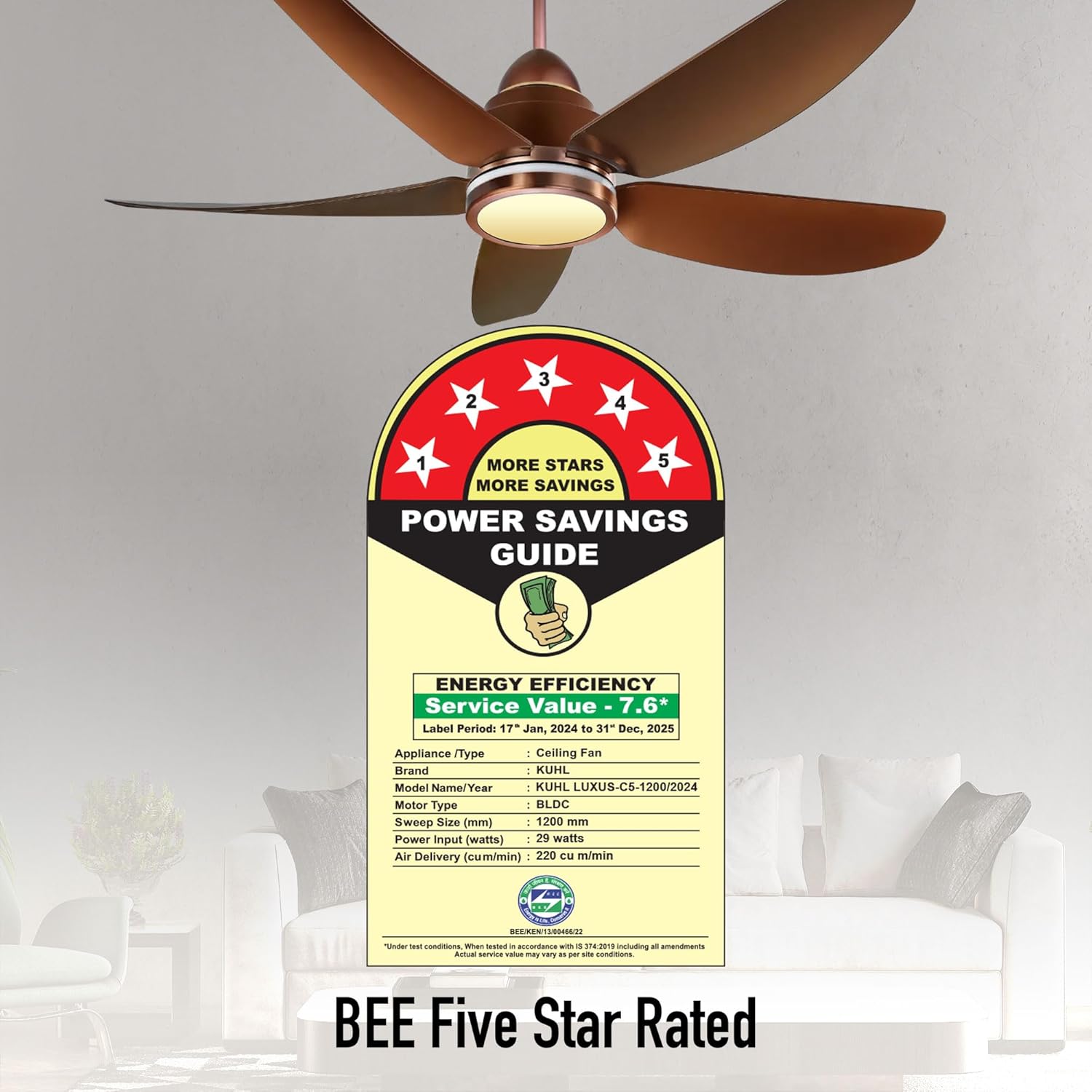KUHL Luxus C5 1200mm Stylish 65% Power Saving BLDC Ceiling Fan with Remote | Night & Down Light | 29W |BEE 5 Star | Low Noise | IoT –Operate via Mobile & Alexa | Reverse Mode |Free Installation|Brown
