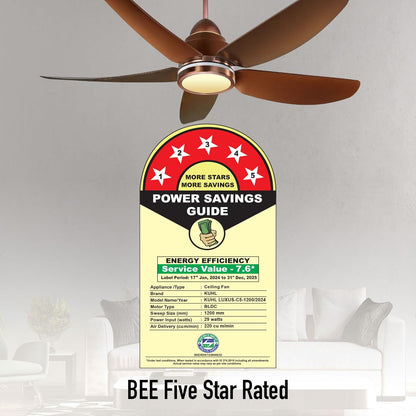 KUHL Luxus C5 1200mm Stylish 65% Power Saving BLDC Ceiling Fan with Remote | Night & Down Light | 29W |BEE 5 Star | Low Noise | IoT –Operate via Mobile & Alexa | Reverse Mode |Free Installation|Brown