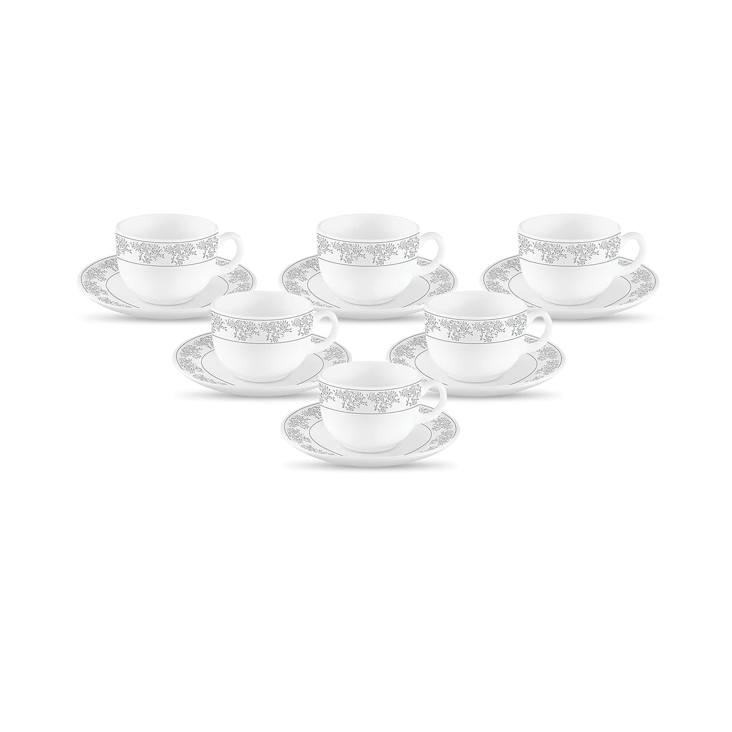 La Opala Diva, Velvett Collection Opal Glass Crockery | Cup & Saucer, Set of 12 | Aria Grey, 160 ml | for Tea & Coffee | Microwave Safe | 100% Vegetarian | Extra Strong | Super Light | Super White