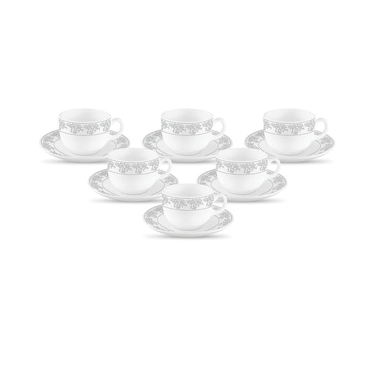 La Opala Diva, Velvett Collection Opal Glass Crockery | Cup & Saucer, Set of 12 | Aria Grey, 160 ml | for Tea & Coffee | Microwave Safe | 100% Vegetarian | Extra Strong | Super Light | Super White