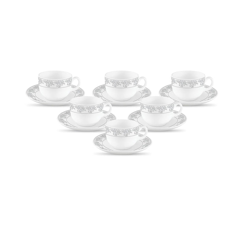 La Opala Diva, Velvett Collection Opal Glass Crockery | Cup & Saucer, Set of 12 | Aria Grey, 160 ml | for Tea & Coffee | Microwave Safe | 100% Vegetarian | Extra Strong | Super Light | Super White
