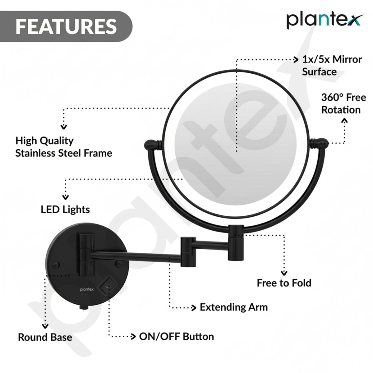 Plantex Brass and 304 Stainless-Steel Magnifying Mirror with LED/Wall Mount Makeup Mirror with Light/Zoom Mirror- 5x/1x Magnification (8 Inch-Black)-6