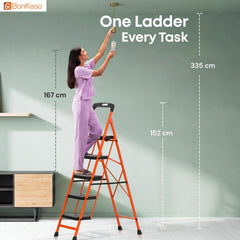 BonKaso Climb Easy 5 Step Heavy Duty Steel Folding Climbing Ladder for Home, Home & Office – with Safety Lock, Anti-Slip Wide Steps, Support Handle & Tool Tray (Orange & Black)