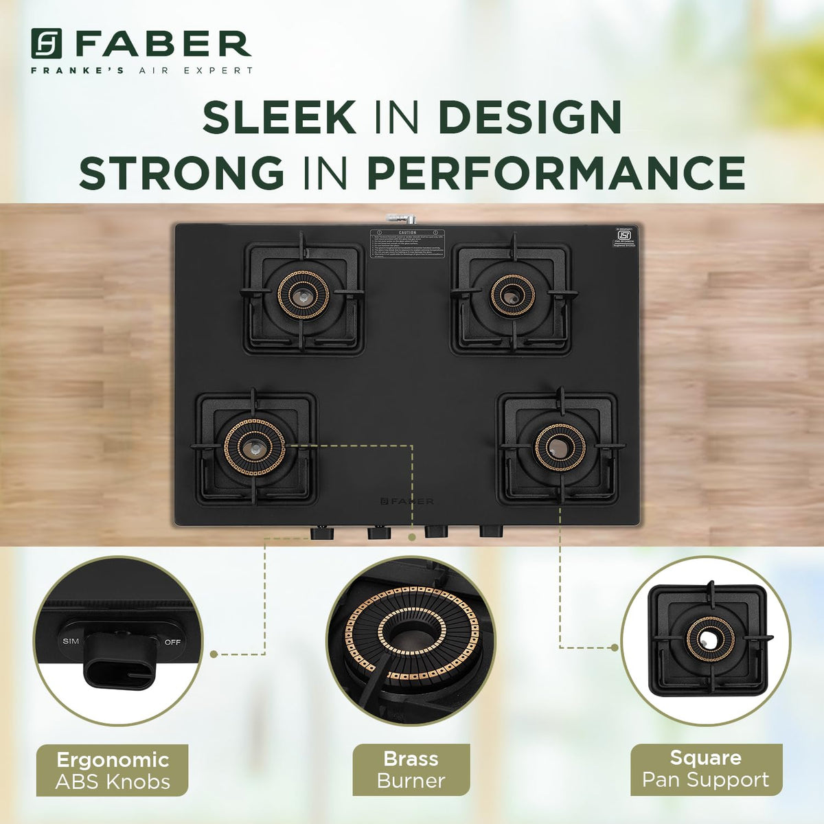 Faber 3 Burner 77Cm Cooktop |Auto Ignition| |Metal Knobs| MS Diamond Coated Pan Support | Matt Black Glass Finish |5 Yrs