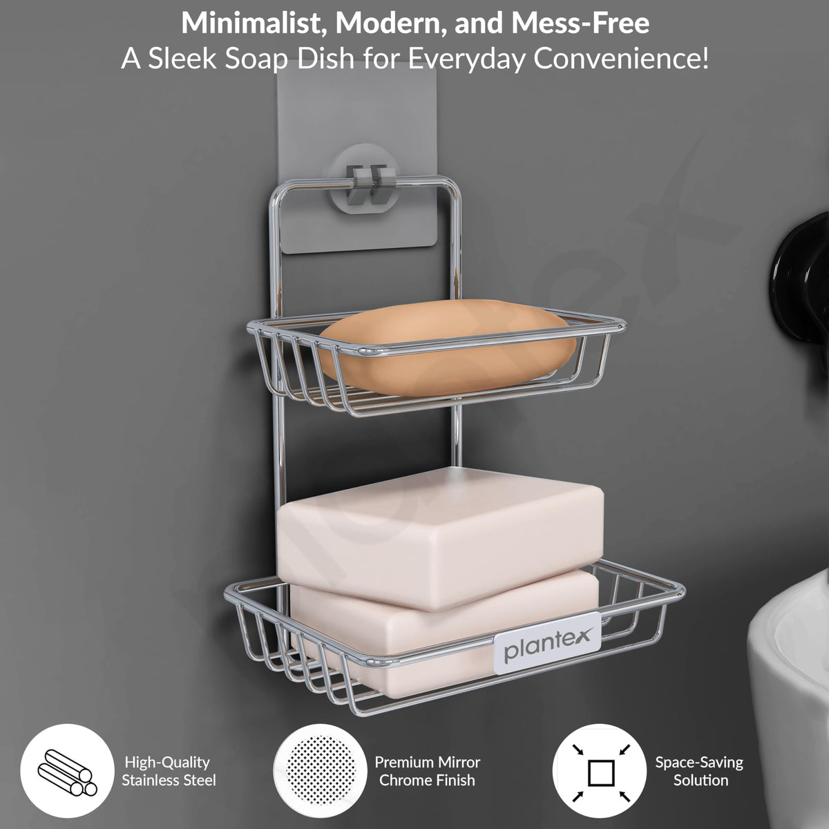 Plantex Self Adhesive Soap Holder for Bathroom/Stainless Steel Soap Dish/Wall Mounted 2 Layer Soap Holder/Bathroom Accessories - Pack of 2 (Chrome)