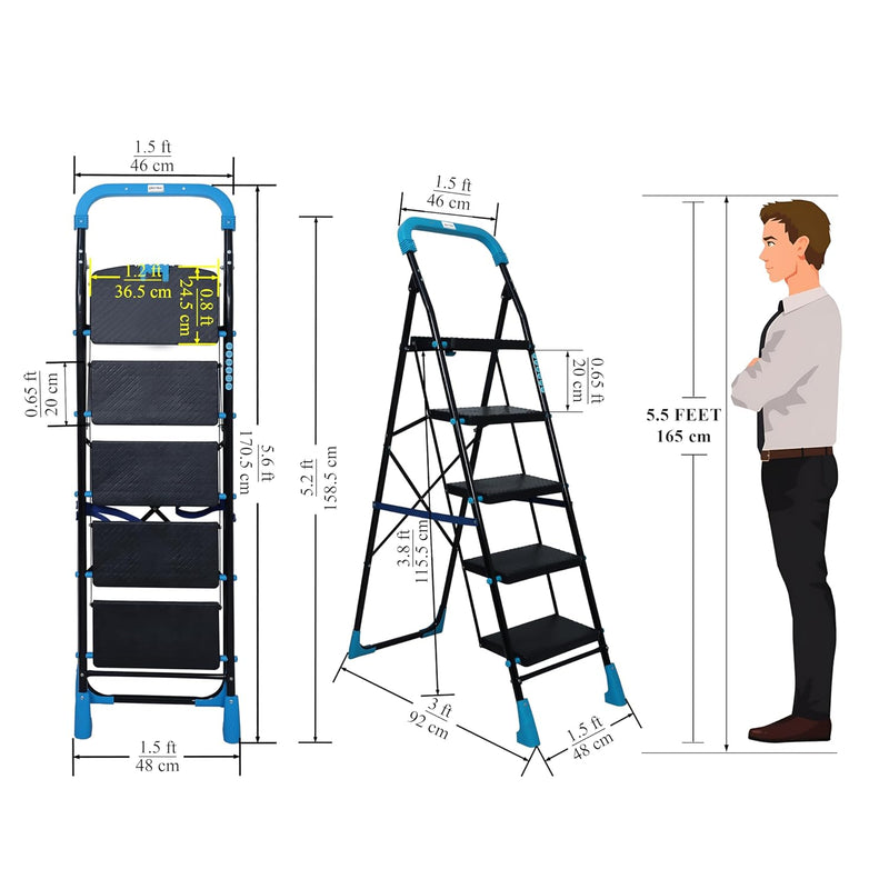 Plantex Heavy-Duty Mild Steel Stylo Folding Ladder with Wide Steps/5 Steps Ladder for Home with Advanced Locking System - 5 Wide Step Ladder(Black & Blue)