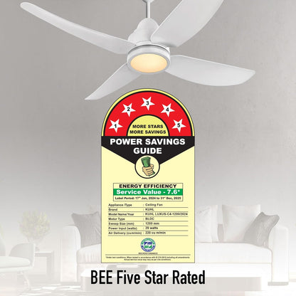 KUHL Luxus C4 1200mm Stylish 65% Power Saving BLDC Ceiling Fan with Remote | Night & Down Light | 29W | BEE 5 Star|Low Noise | IoT –Operate via Mobile & Alexa | Reverse Mode|Free Installation | White
