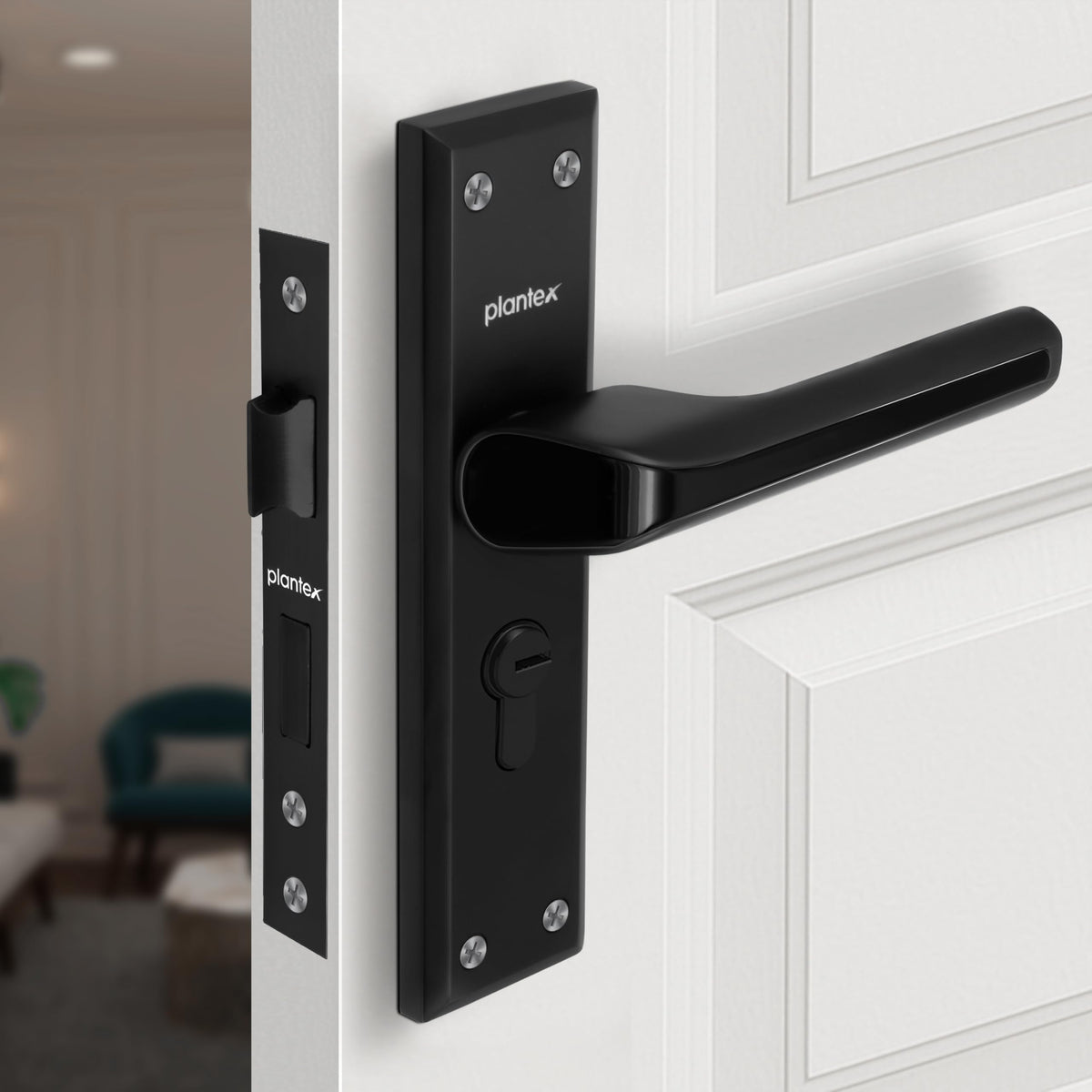 Plantex Heavy-Duty Door Lock Set - Main Door Lock Plate Handle Set/6-Lever Mechanism Mortise Locks with 3 Keys/Brass Locks Body & Cylinder (PTP-012- Black)-1