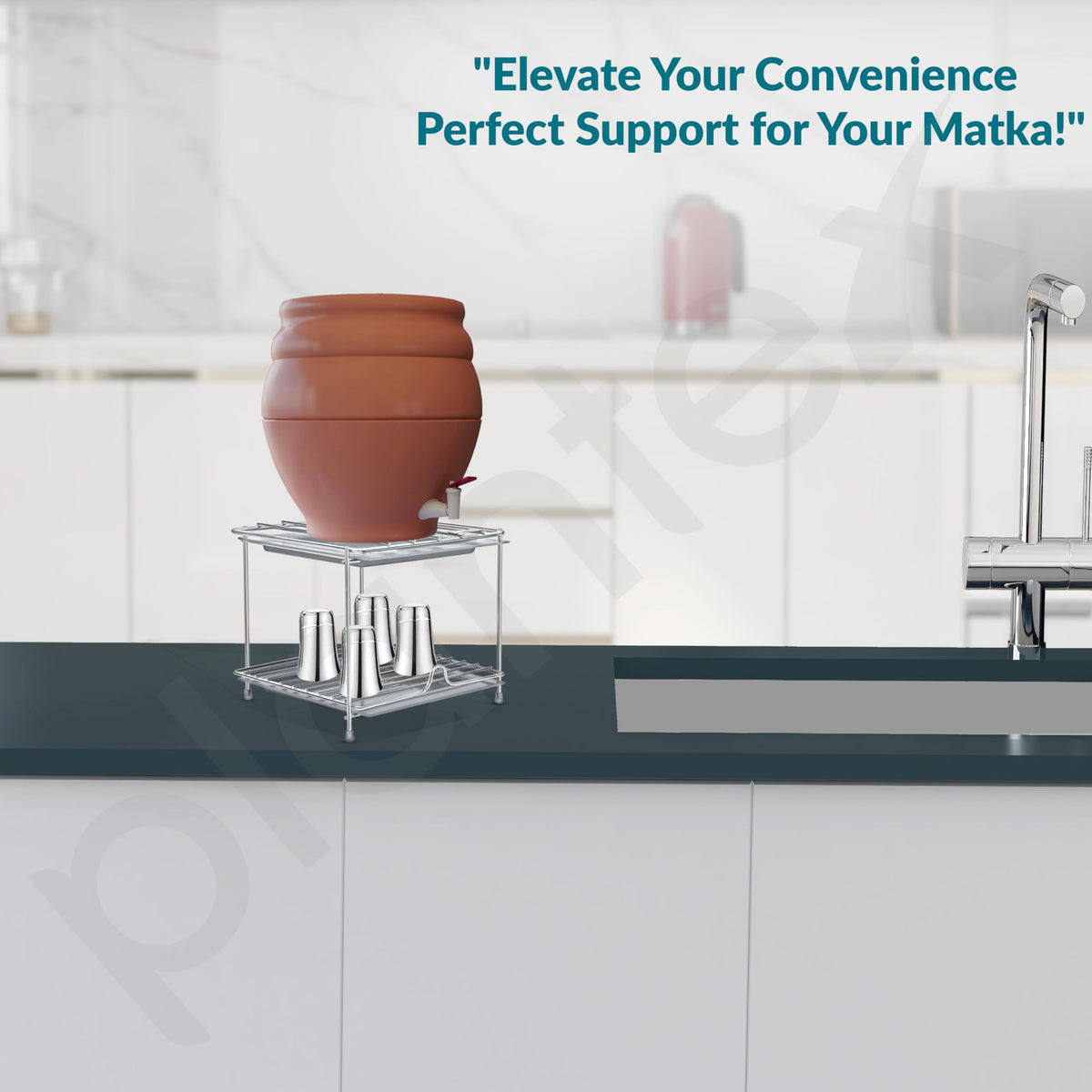 Plantex Matka Stand/Stainless Steel 2-Tier Matka Stand for Kitchen/Square Water Pot with Tray - 8 X 7.5 inch (Chrome), Free Standing, Tiered Shelf-5