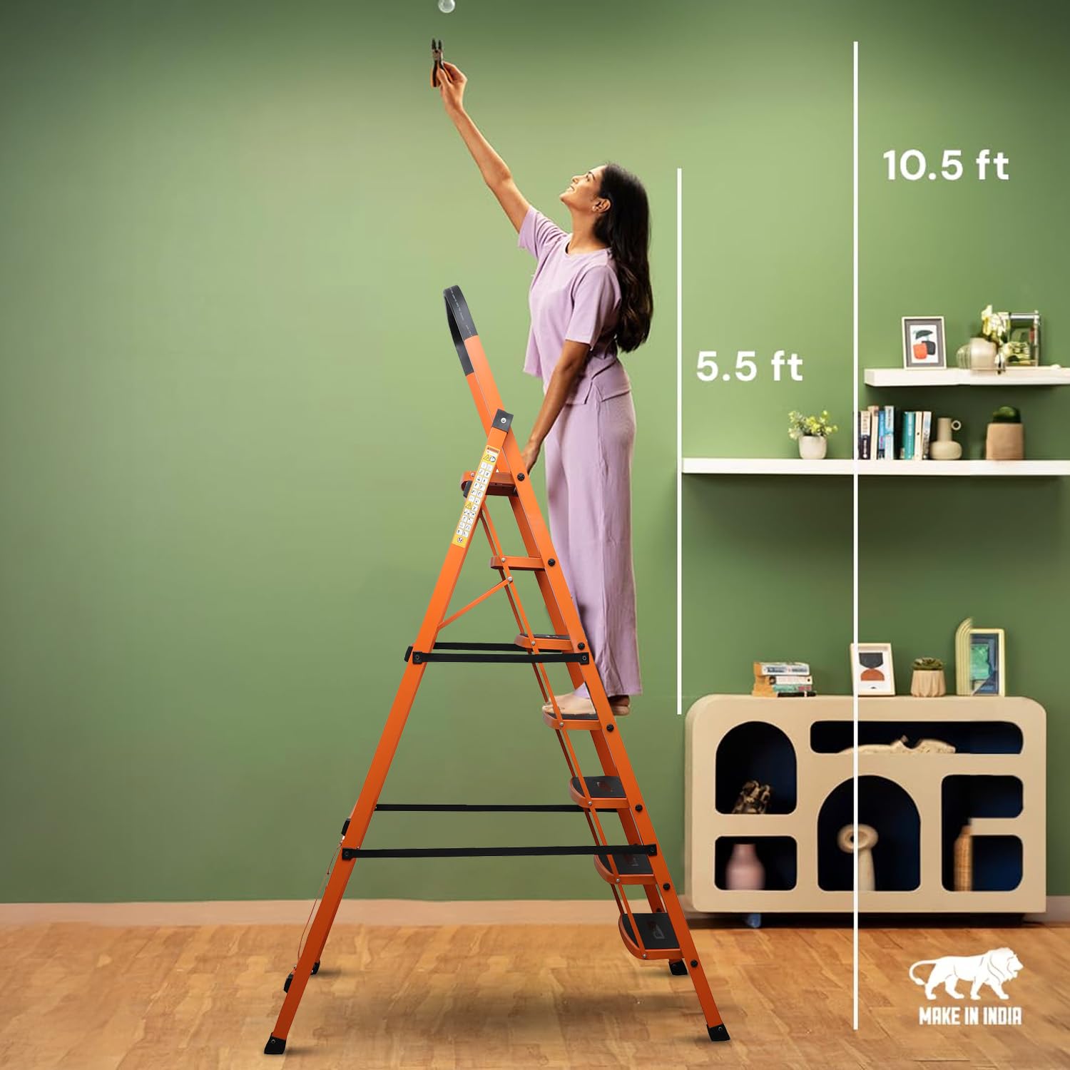 BonKaso Climb Steady Premium Alloy Steel Heavy Duty Multipurpose Foldable 7 Step Ladder with Connecting Frame & Belt Support, Load Capacity Upto 120kg | for Home and Outdoor - (Orange)
