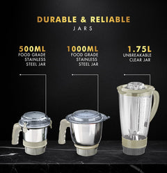 Sujata MG01 Mixer Grinder | 1000 Watts Double Ball Bearing Motor | 24000 RPM | Non-Stop 90 Mins Running | 3 Jars including 1750ml Blender, 1000ml Grinder, 500ml Chutney Jar | Beige & White