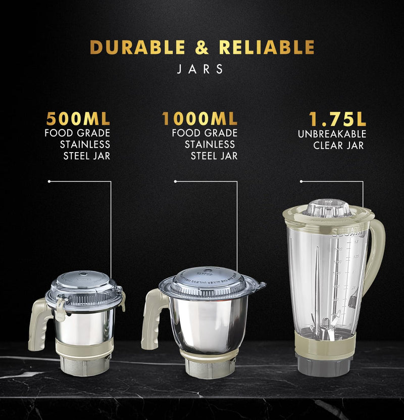 Sujata MG01 Mixer Grinder | 1000 Watts Double Ball Bearing Motor | 24000 RPM | Non-Stop 90 Mins Running | 3 Jars including 1750ml Blender, 1000ml Grinder, 500ml Chutney Jar | Beige & White