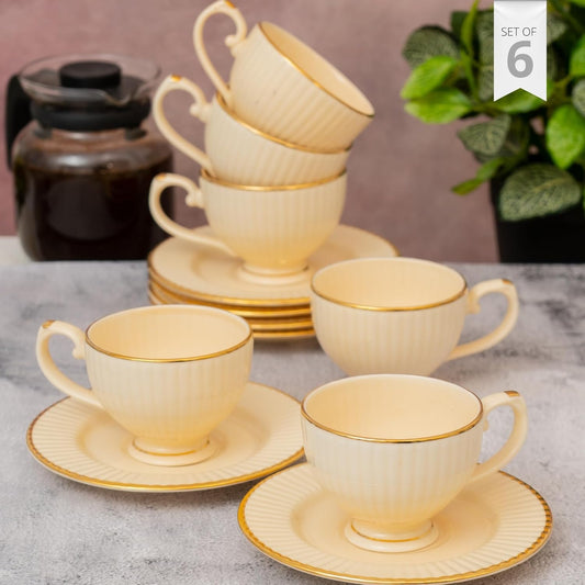 Clay Craft Fine Ceramic Julie Impression Cup & Saucer Set of 12 (6 Cups+6 Saucers)- 170 Ml Each- Elegant Design for Home and Kitchen and Can Be Gifted to Your Loved Ones On Any Occassions (IVORY1401)