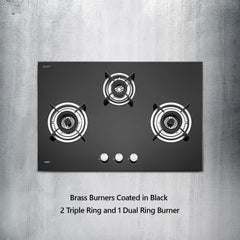 KAFF HBR 783 Built-in Hob/Hobtop 3 Burners, Auto Electric Ignition Glass Top, 78 CM, Powerful Brass Burners, 8 MM Thick Toughened Glass, Enamelled Matt Grills (Black)