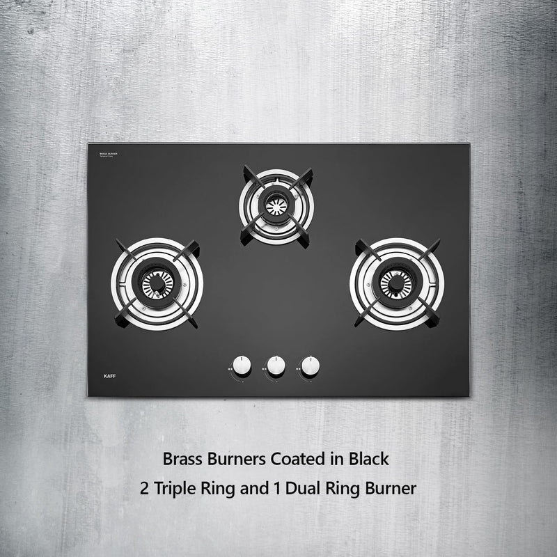KAFF HBR 783 Built-in Hob/Hobtop 3 Burners, Auto Electric Ignition Glass Top, 78 CM, Powerful Brass Burners, 8 MM Thick Toughened Glass, Enamelled Matt Grills (Black)