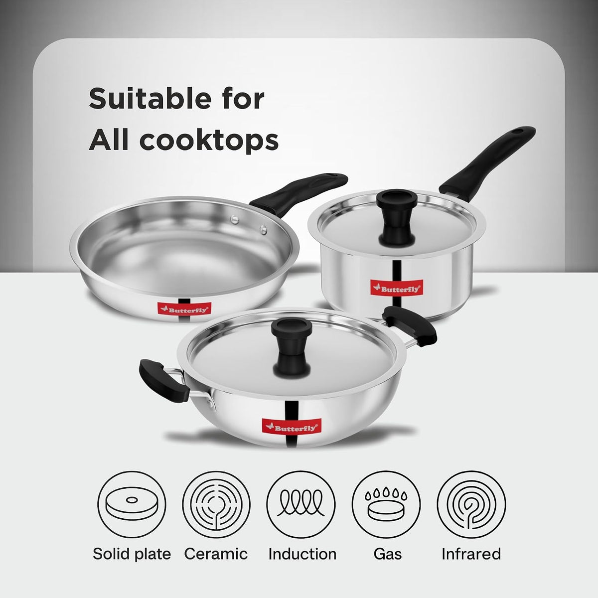 Butterfly Classic Stainless Steel Cookware 5 Pcs Set|Fry Pan 22Cm(1.4L)|Kadai 22Cm(2.2L)|Saucepan 16Cm(1.6L) with Steel Lids|Induction Base,Triply Bottom|Even,Fast Cooking with Less Oil,Silver
