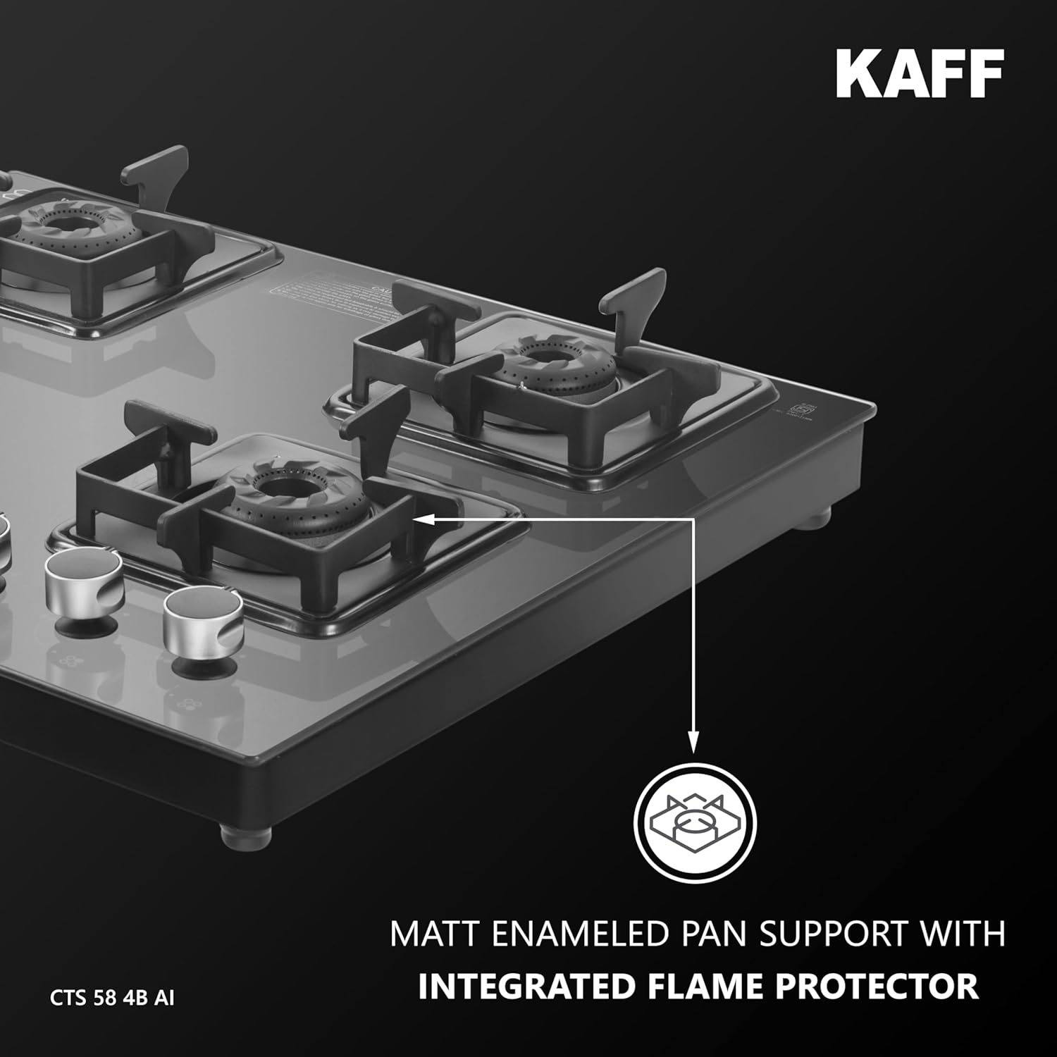 KAFF Gas Stove/Cooktop 4 Burners with Auto Electric Ignition 58 CM, Black Coated Brass Burners, Slim Line Design, Enamelled Pan Support with Integrated Flame Protector (Black) | CTS584BAI |