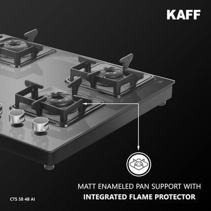 KAFF Gas Stove/Cooktop 4 Burners with Auto Electric Ignition 58 CM, Black Coated Brass Burners, Slim Line Design, Enamelled Pan Support with Integrated Flame Protector (Black) | CTS584BAI |